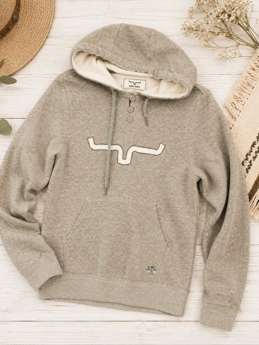 Kimes Ranch Beige Long Sleeve Cot/poly Pocket Hoodie. Ladies Small